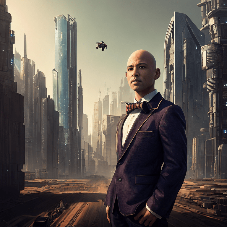 Dramatized picture of the webpage creator in a suit in front of a backdrop of a futuristic landscape. 
              visonary, innovative, trendsetting, hardworking, and dressed to a tee.