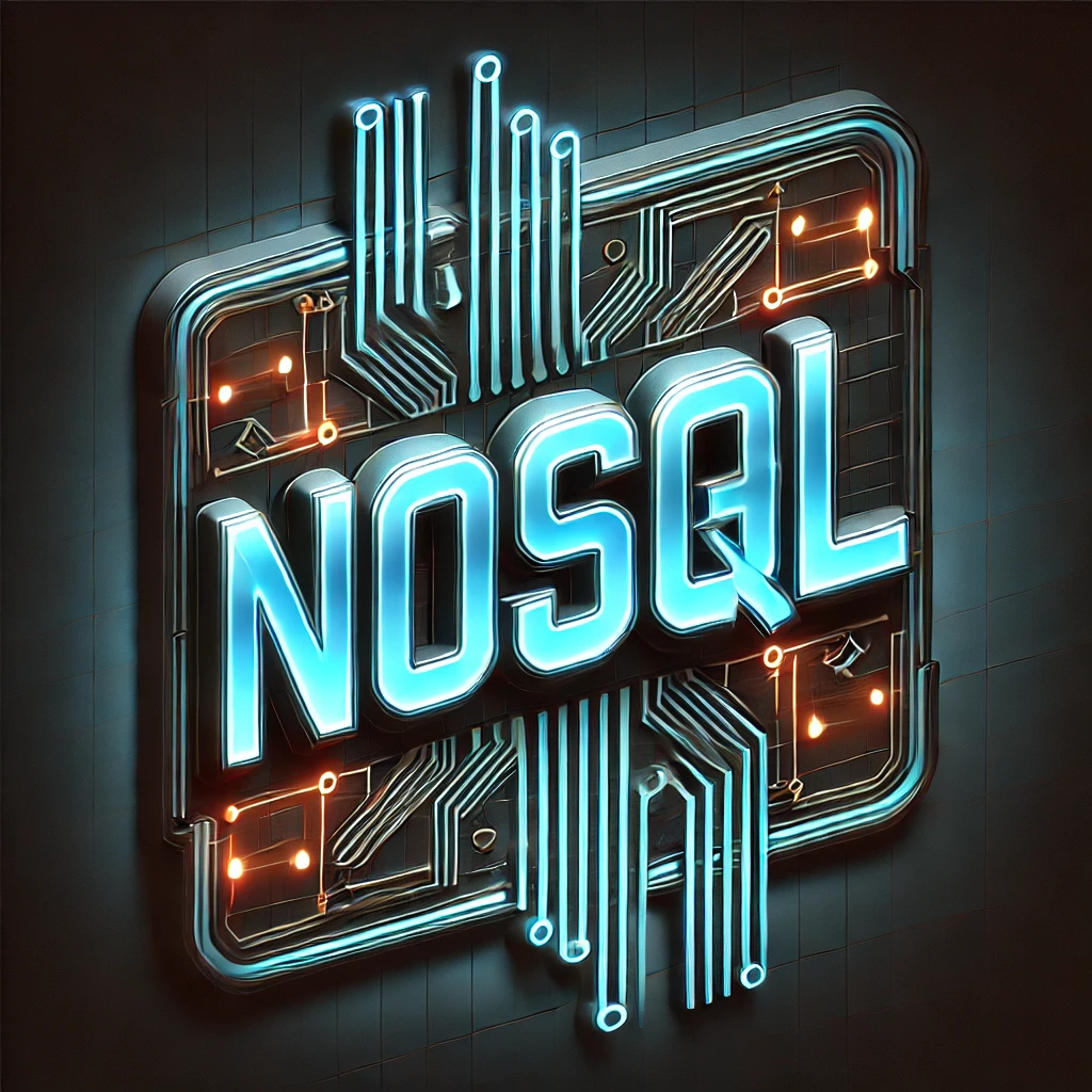 Custom NoSQL logo centered on a computer chip, 
            shellacked-powder blue and the same color curcuits running up and down outward on top
             and bottom of it, with red curcuits underneath it