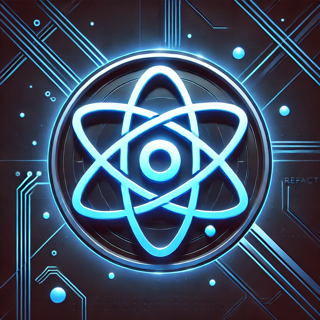Futuristic black and blue custom React logo, with a subtle 'refact' written on the wall in the background